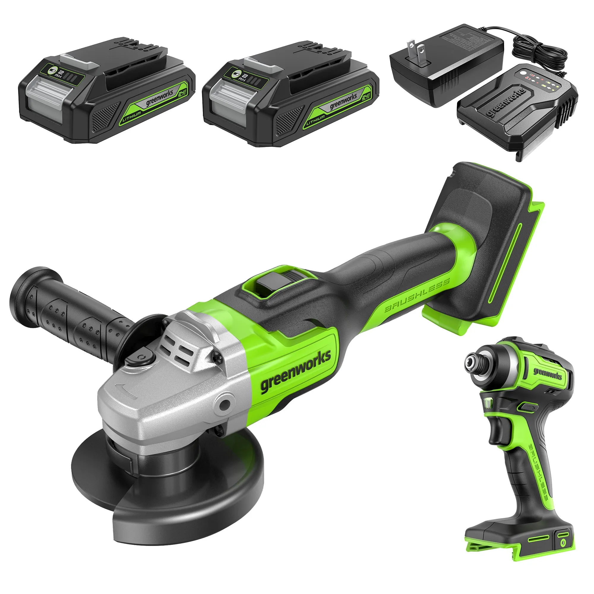 24V Brushless Impact Driver & Angle Grinder Combo Kit w/ (2) 2.0Ah Batteries & Charger