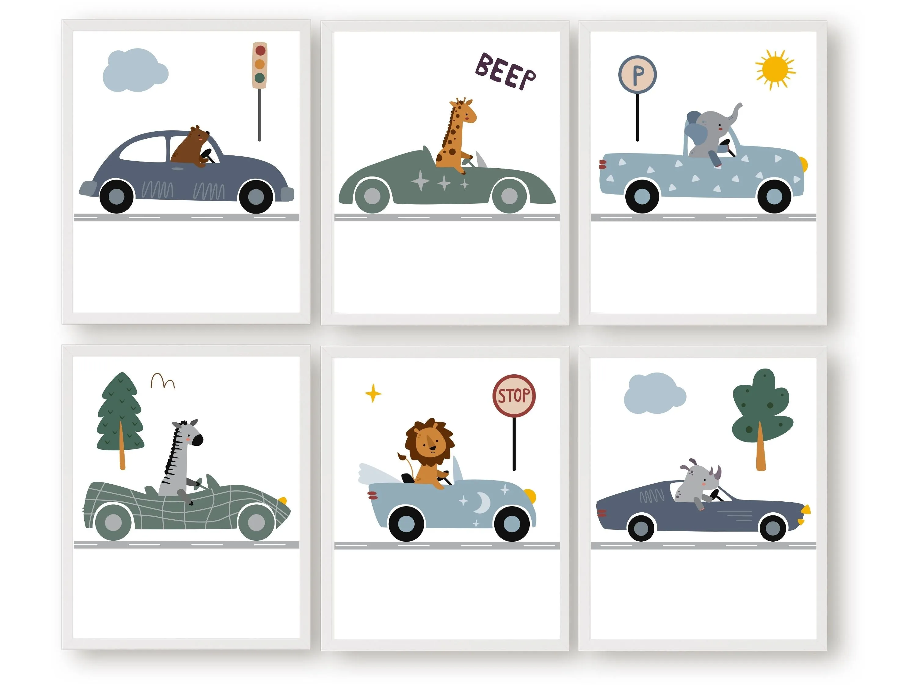 Animals Driving Cars Nursery Prints
