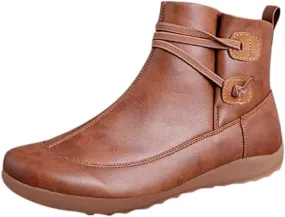 Ankle Booties for Women Retro Leather Zipper Booties V Cut Round Toe Low Heels Boots Classic Western Cowboy Boots