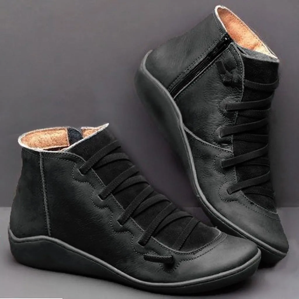 Ankle Boots for Women Arch Support Lace Up Flat Bottom Leather Side Zipper Round Toe Retro Booties Winter Outdoor Flat Shoes