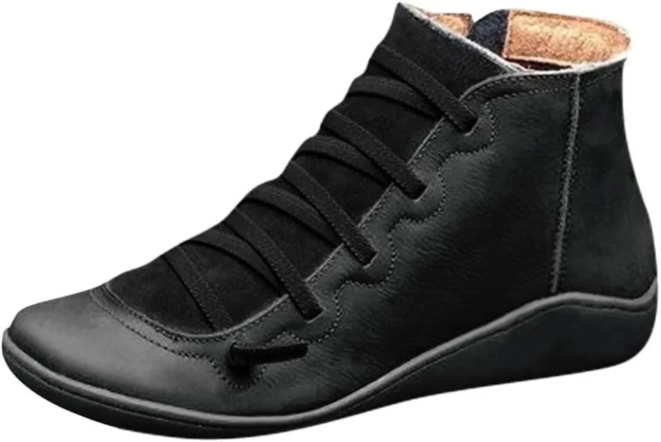 Ankle Boots for Women Arch Support Lace Up Flat Bottom Leather Side Zipper Round Toe Retro Booties Winter Outdoor Flat Shoes