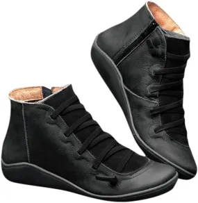 Ankle Boots for Women Arch Support Lace Up Flat Bottom Leather Side Zipper Round Toe Retro Booties Winter Outdoor Flat Shoes