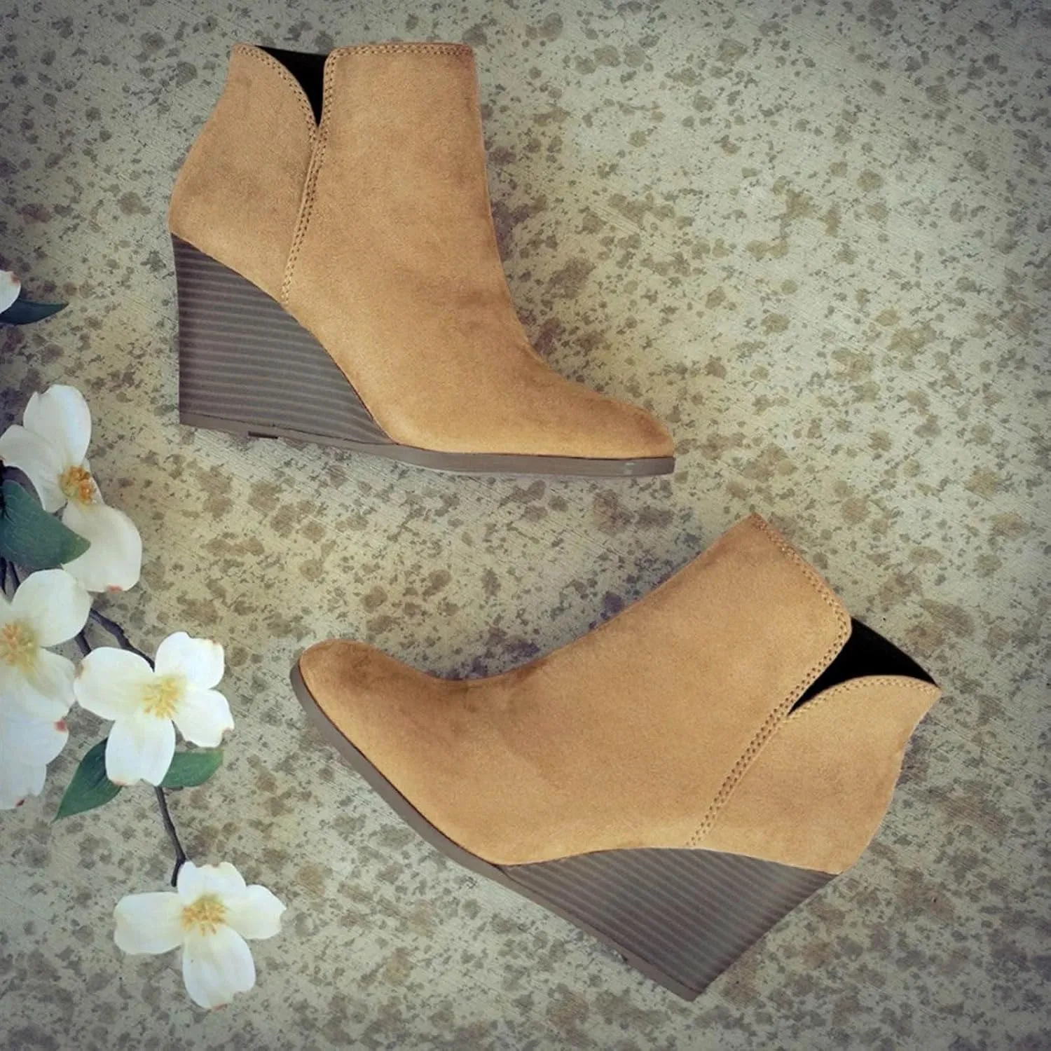 Ankle Boots for Women, Non-Slip Thick Heel Round Toe Wedding Boots Fashion Wedge Suede Side Zipper Ankle Boots