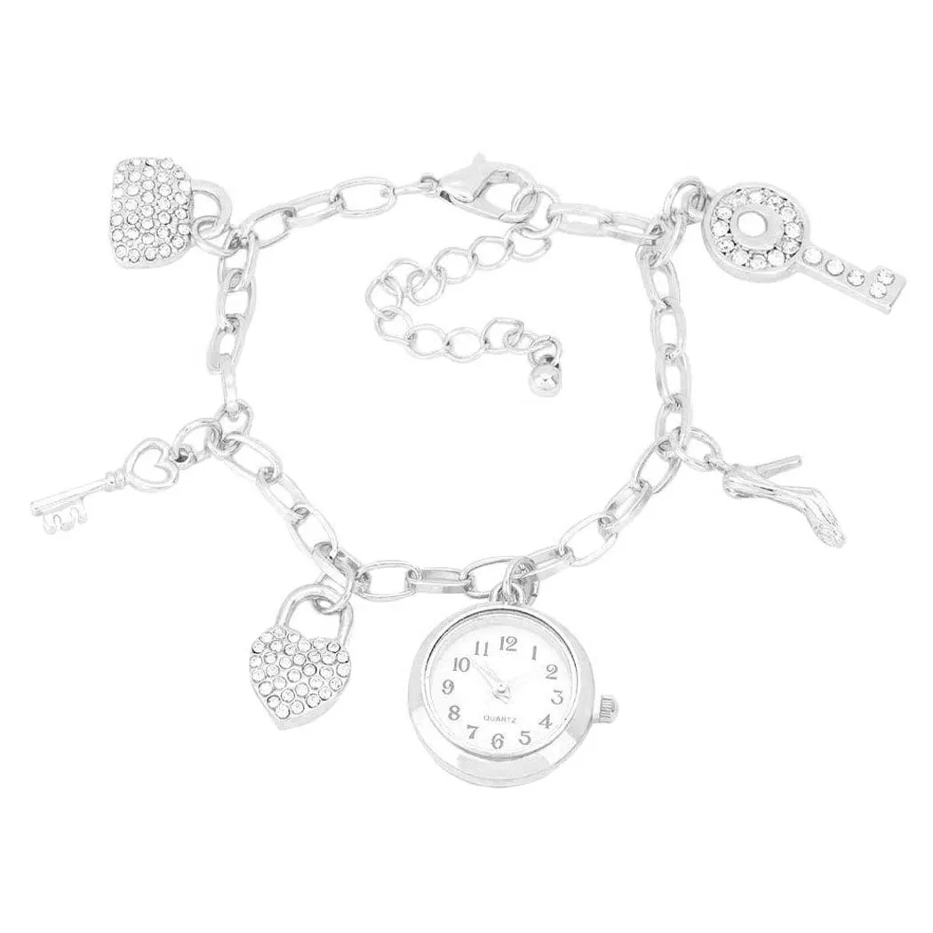 Bag Key Heart Lock Stiletto Charm Station Bracelet Watch