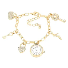 Bag Key Heart Lock Stiletto Charm Station Bracelet Watch