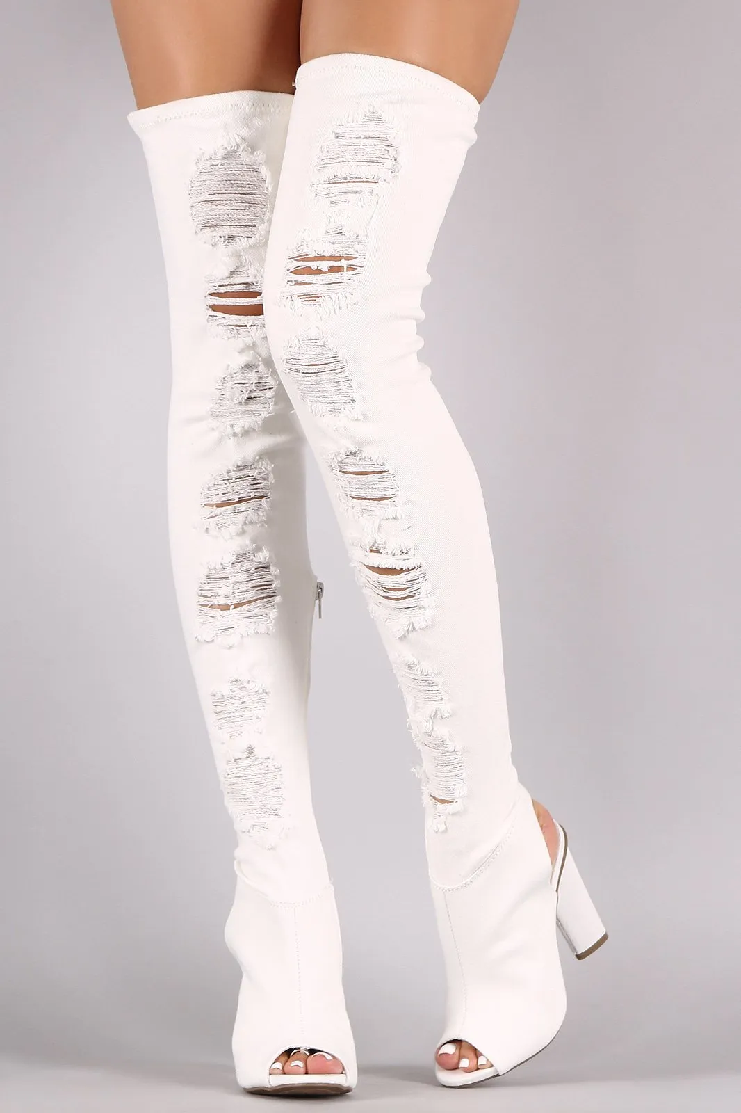 Bamboo Distressed Denim Chunky Heeled Over-The-Knee Boots