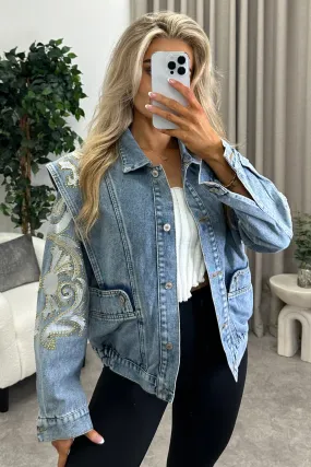 Beandra Embellished Denim Jacket in Blue with Stud Detailing