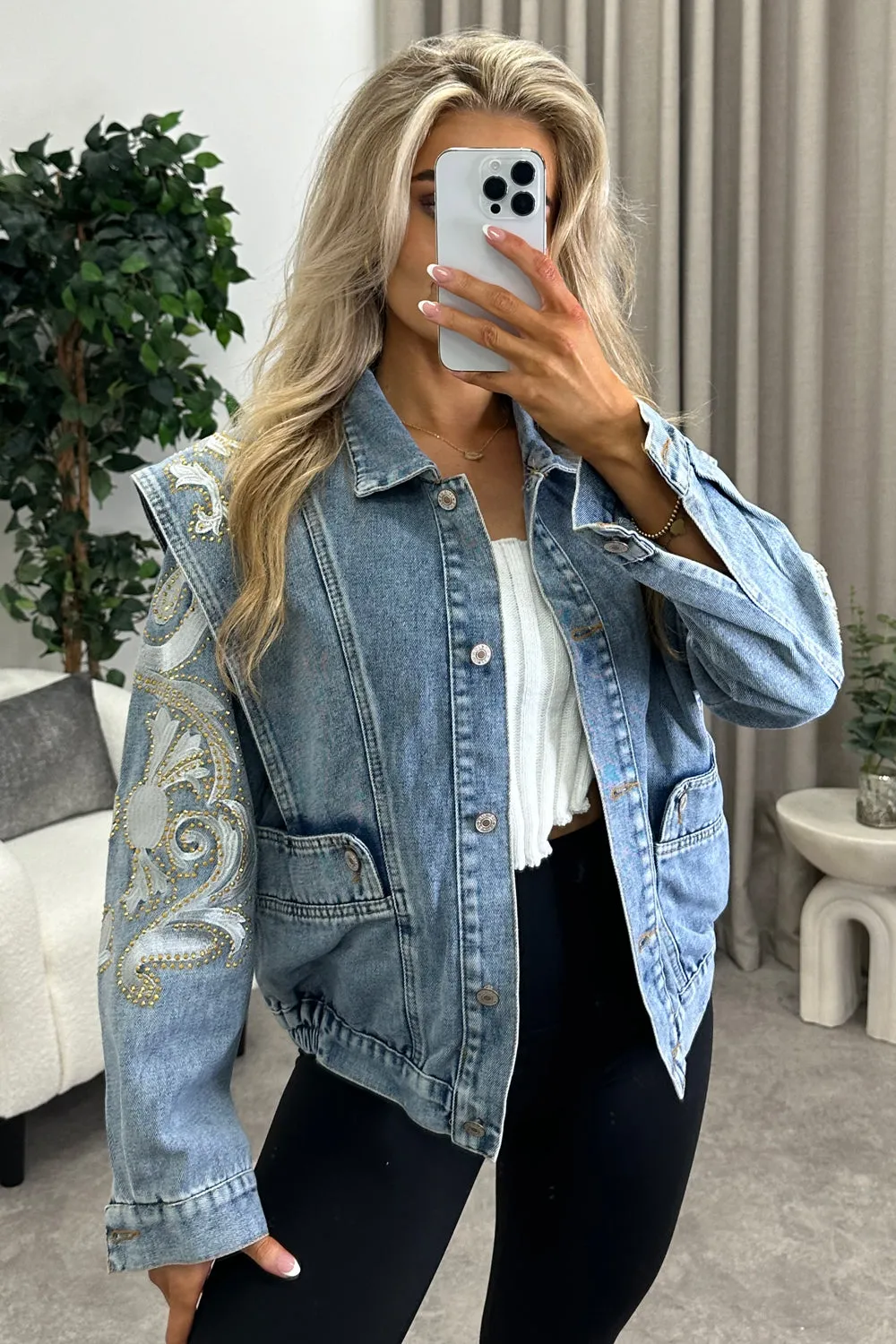 Beandra Embellished Denim Jacket in Blue with Stud Detailing