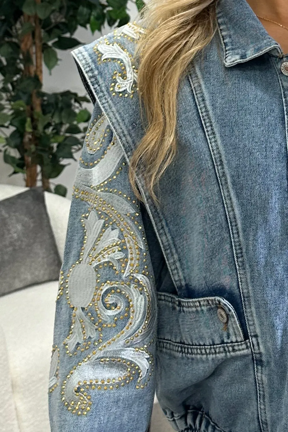 Beandra Embellished Denim Jacket in Blue with Stud Detailing