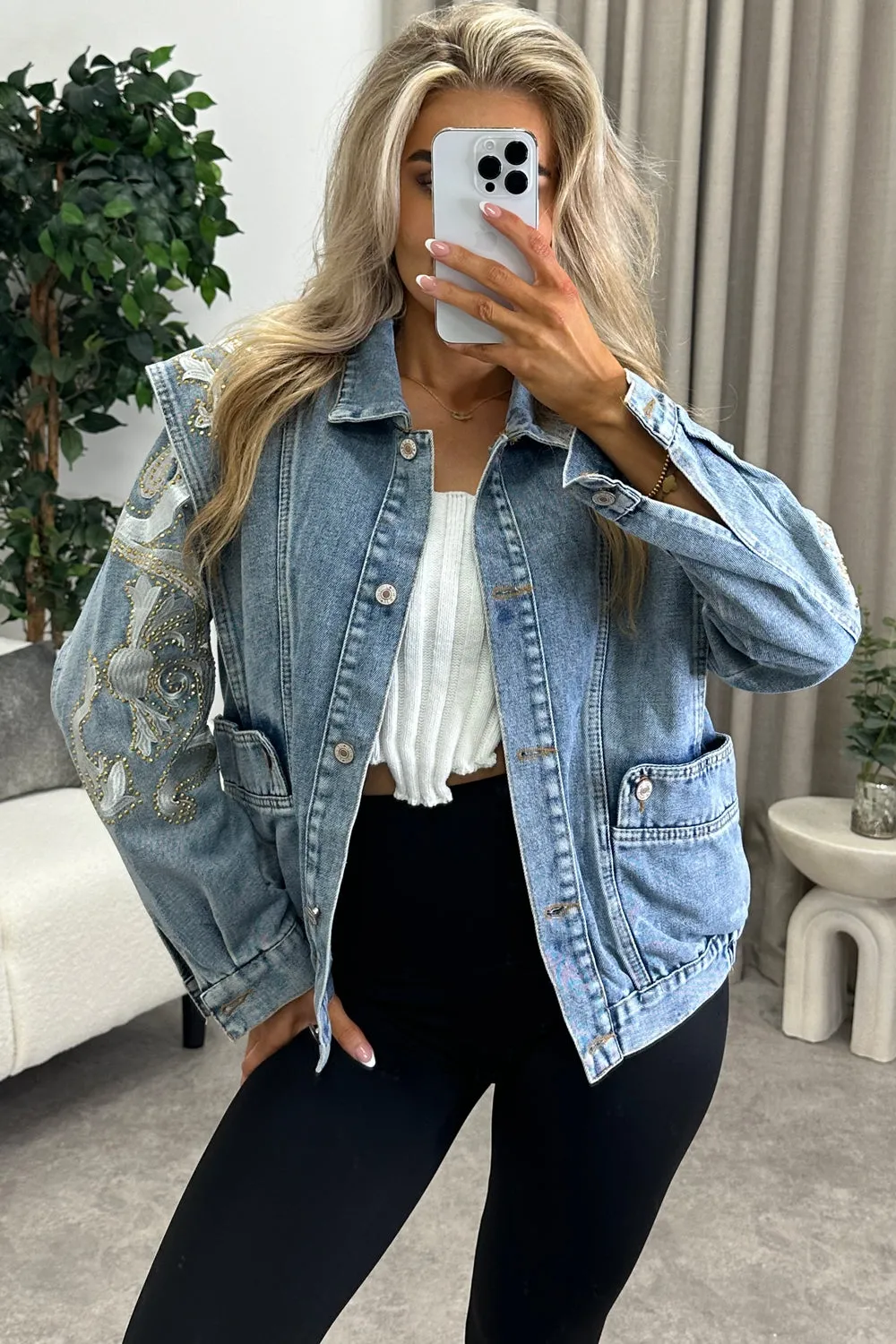 Beandra Embellished Denim Jacket in Blue with Stud Detailing