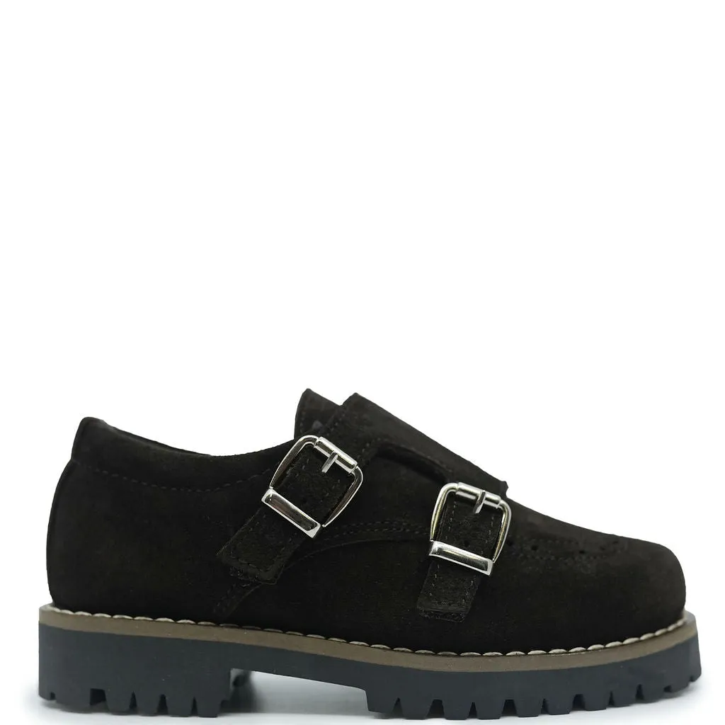 Blublonc Dark Brown Suede Double Monk Wingtip Shoe