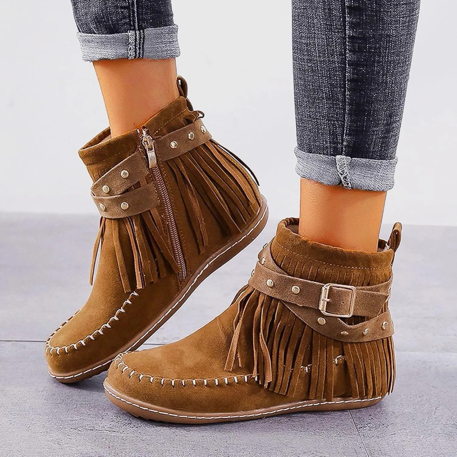 Boots for Women Vintage Casual Tassel Fringe Suede Wide Round Toe Ankle Booties With Side Zipper Mid Calf Short Boots