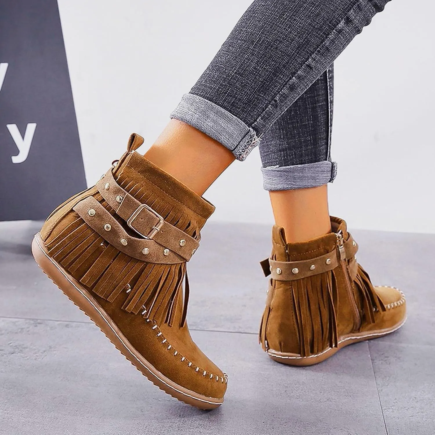 Boots for Women Vintage Casual Tassel Fringe Suede Wide Round Toe Ankle Booties With Side Zipper Mid Calf Short Boots