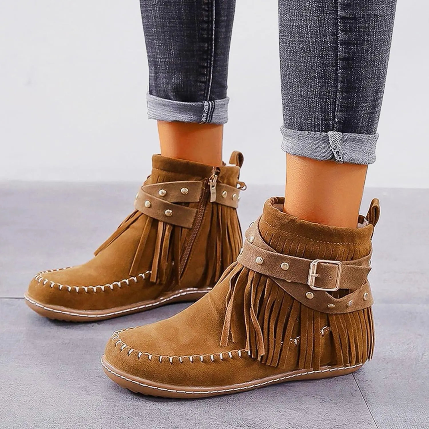 Boots for Women Wide Calf Ankle Boots With Fringes Ethnic Vintage Suede Tassel Boots Lace Up Round Toe Western Shoes