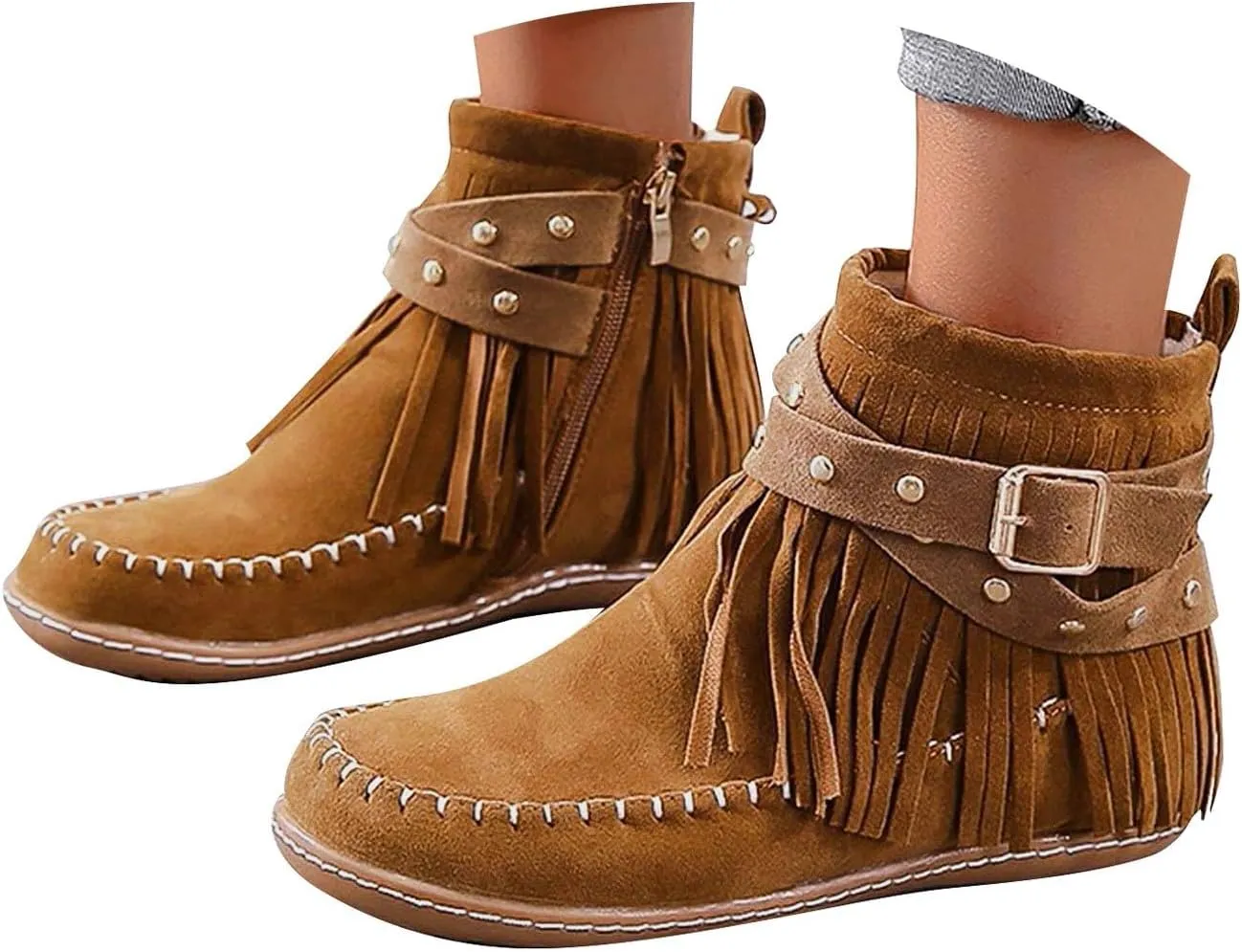 Boots for Women Wide Calf Ankle Boots With Fringes Ethnic Vintage Suede Tassel Boots Lace Up Round Toe Western Shoes