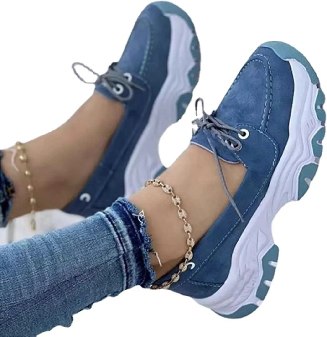 CANIAN 2023 Women's Platform lace-up Trainers, Breathable, Casual, Flat Running Shoes, Fashionable, Comfortable, Round Toe Single Shoes,Blue,42