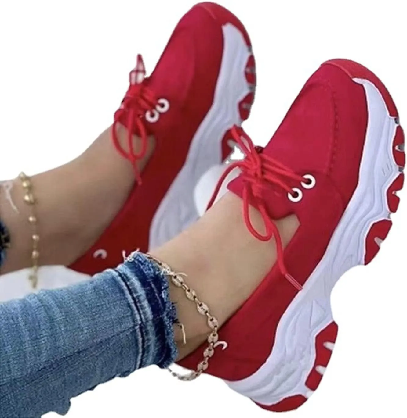 CANIAN 2023 Women's Platform lace-up Trainers, Breathable, Casual, Flat Running Shoes, Fashionable, Comfortable, Round Toe Single Shoes,Red,36