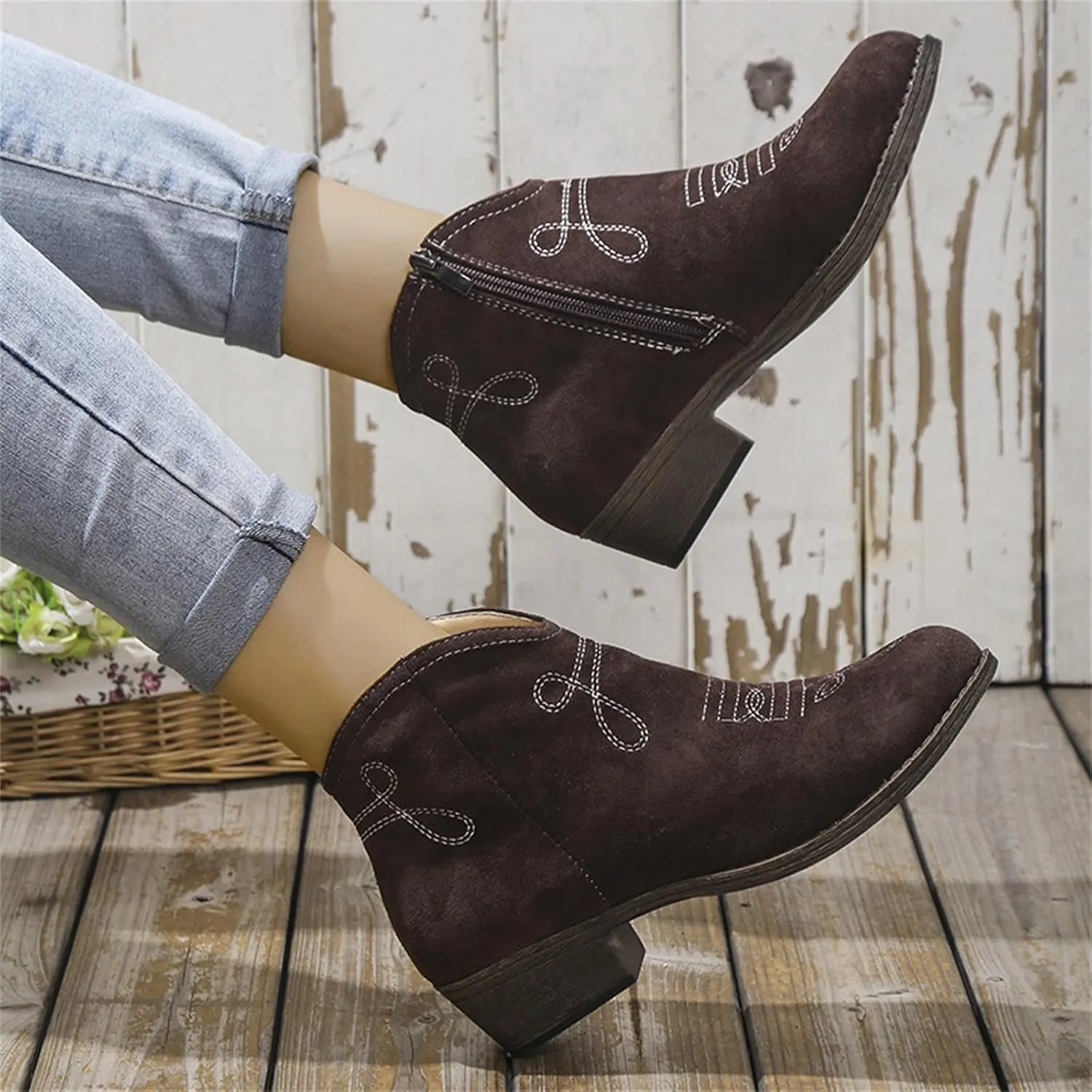 Cathalem Ankle Boots for Women with Heel,Women's Wedges Ankle Booties Retro V Cutout Short Boots Chunky Block Heels Shoes