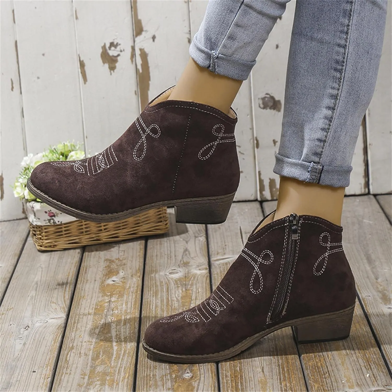 Cathalem Ankle Boots for Women with Heel,Women's Wedges Ankle Booties Retro V Cutout Short Boots Chunky Block Heels Shoes