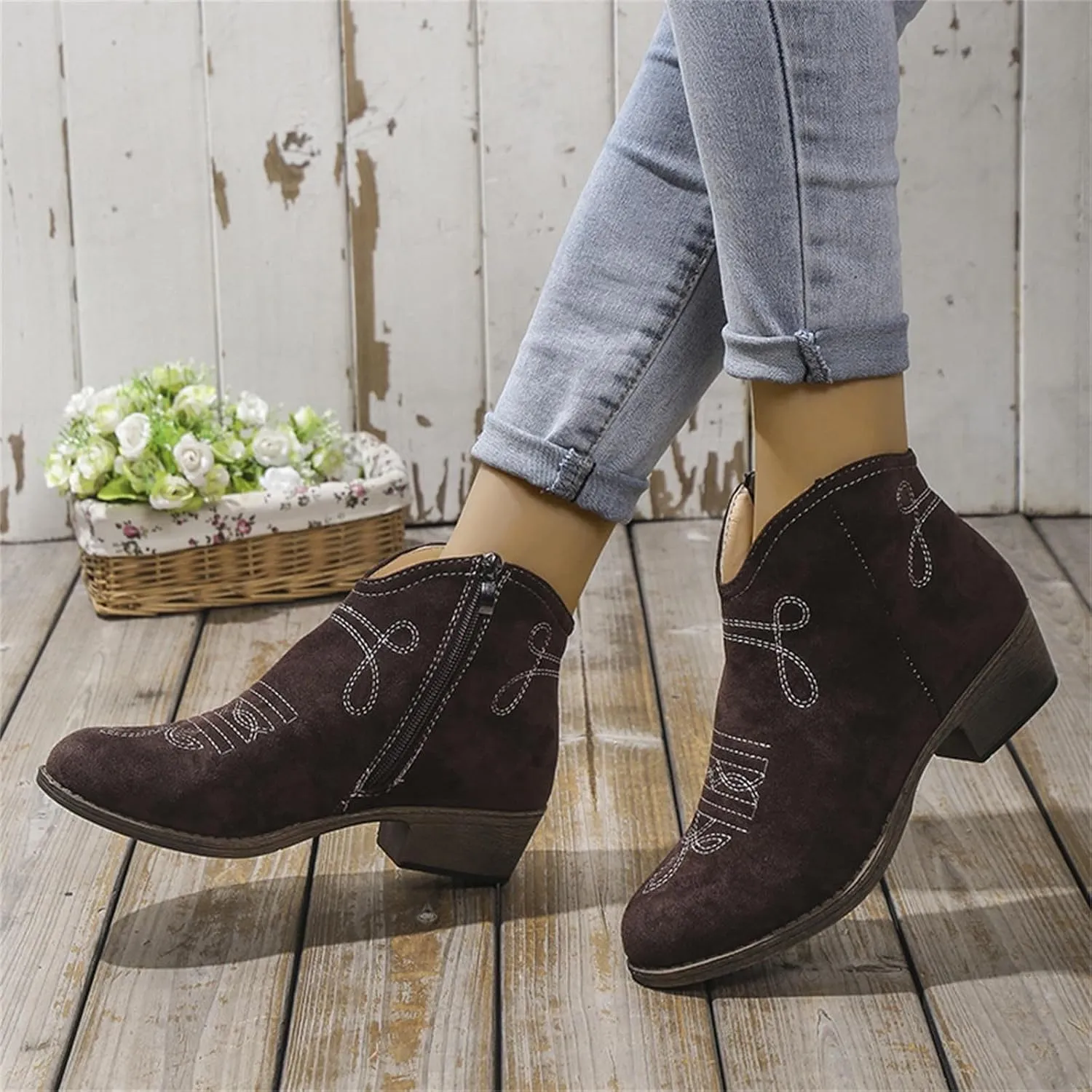 Cathalem Ankle Boots for Women with Heel,Women's Wedges Ankle Booties Retro V Cutout Short Boots Chunky Block Heels Shoes