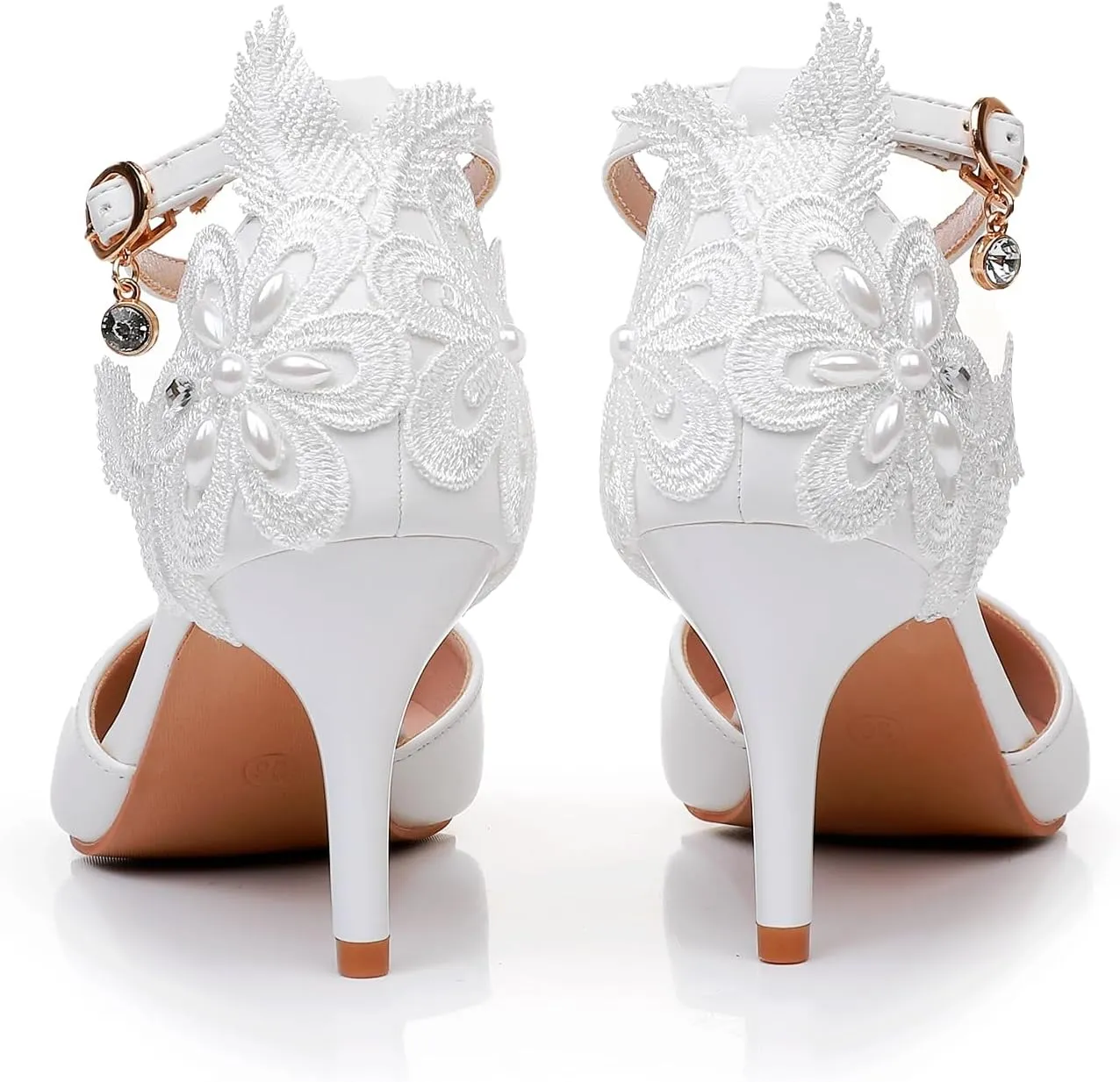Crystal Queen Women's High Heel Pumps Pointed Closed Toe Sandals White Lace Pearls Strap Stiletto Heels Bridal Wedding Party Shoes