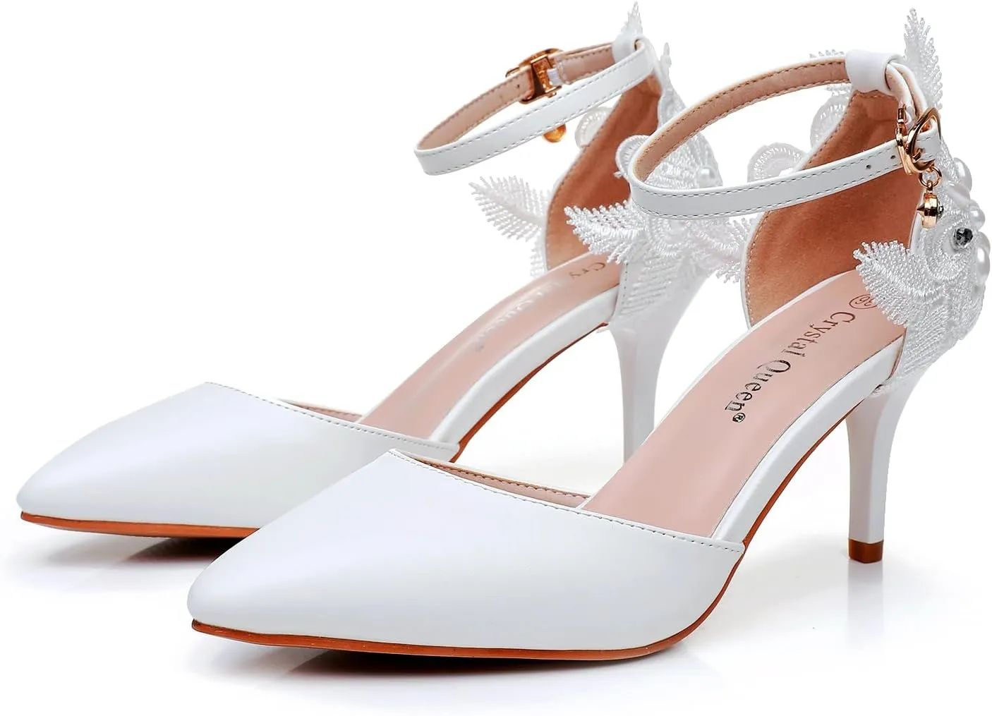 Crystal Queen Women's High Heel Pumps Pointed Closed Toe Sandals White Lace Pearls Strap Stiletto Heels Bridal Wedding Party Shoes