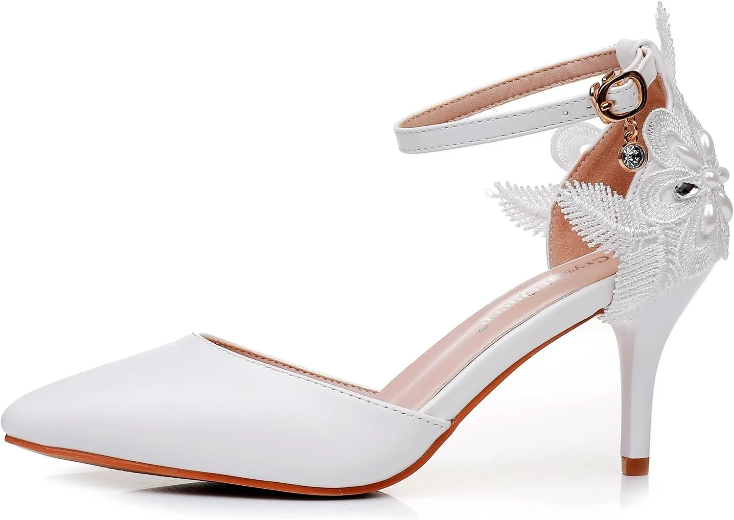 Crystal Queen Women's High Heel Pumps Pointed Closed Toe Sandals White Lace Pearls Strap Stiletto Heels Bridal Wedding Party Shoes