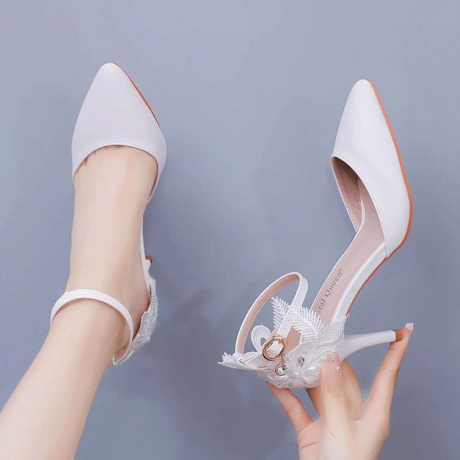 Crystal Queen Women's High Heel Pumps Pointed Closed Toe Sandals White Lace Pearls Strap Stiletto Heels Bridal Wedding Party Shoes