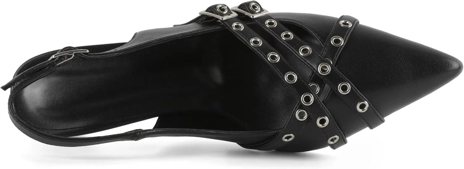 Eldof Women Slingback Heels Buckle Strap Pointed Toe Slip On Kitten Heel Pumps Shoes Dressy Studded Eyelet 2.5 Inches