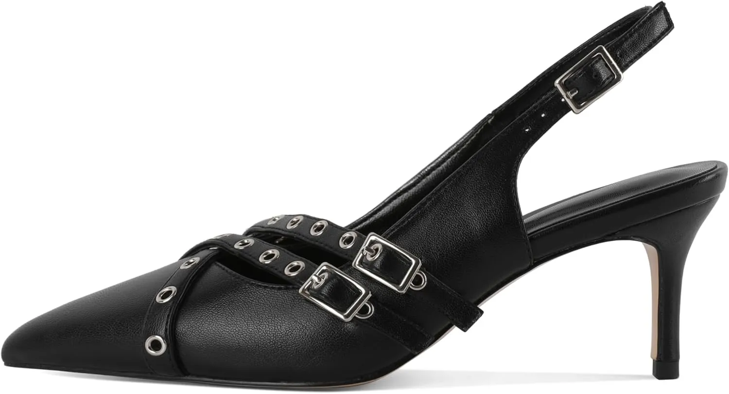 Eldof Women Slingback Heels Buckle Strap Pointed Toe Slip On Kitten Heel Pumps Shoes Dressy Studded Eyelet 2.5 Inches