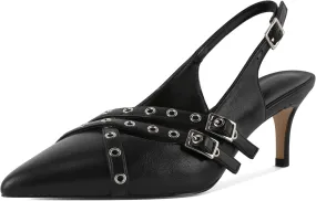 Eldof Women Slingback Heels Buckle Strap Pointed Toe Slip On Kitten Heel Pumps Shoes Dressy Studded Eyelet 2.5 Inches