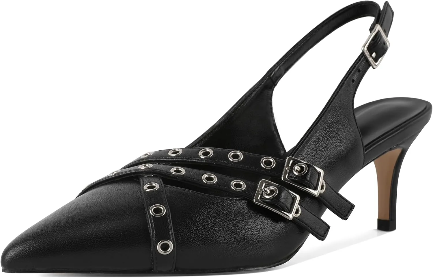 Eldof Women Slingback Heels Buckle Strap Pointed Toe Slip On Kitten Heel Pumps Shoes Dressy Studded Eyelet 2.5 Inches