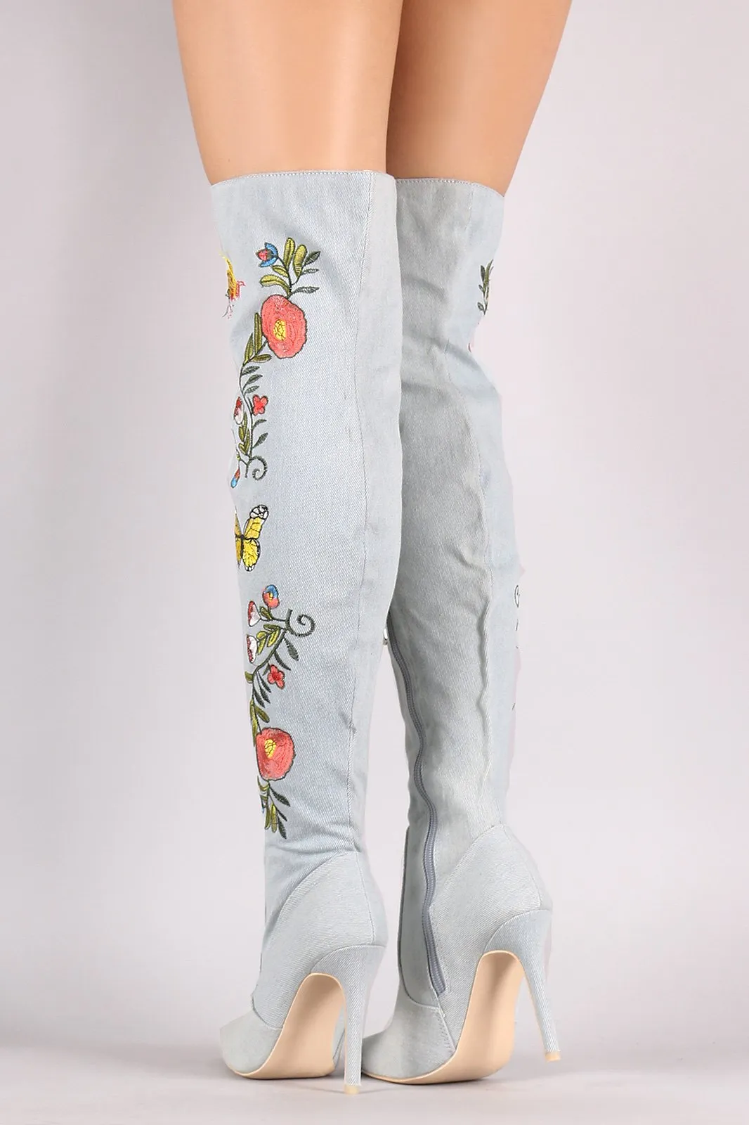 Embroidered Insect And Flower Stiletto Over-The-Knee Boots
