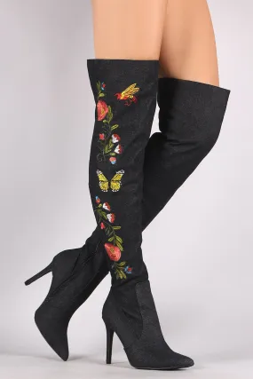 Embroidered Insect And Flower Stiletto Over-The-Knee Boots