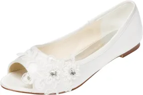 Emily Bridal Wedding Shoes Women's Satin Flat Heel Peep Toe with Crystal Heel Crystal