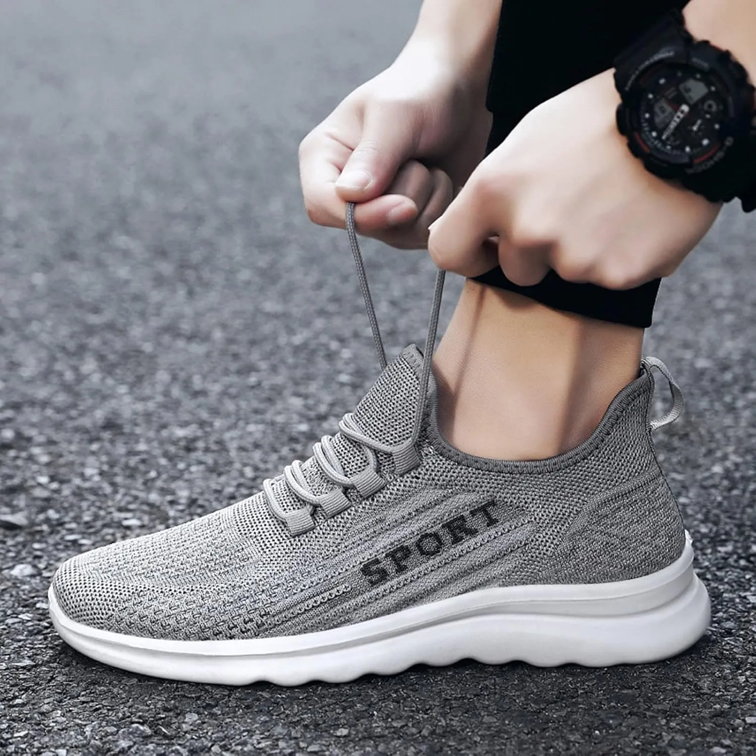 Fashion Men Sports Flat Non Slip Lace Up Fly Woven Mesh Breathable Solid Color Simple Air 1 Sneaker Shield for Mens