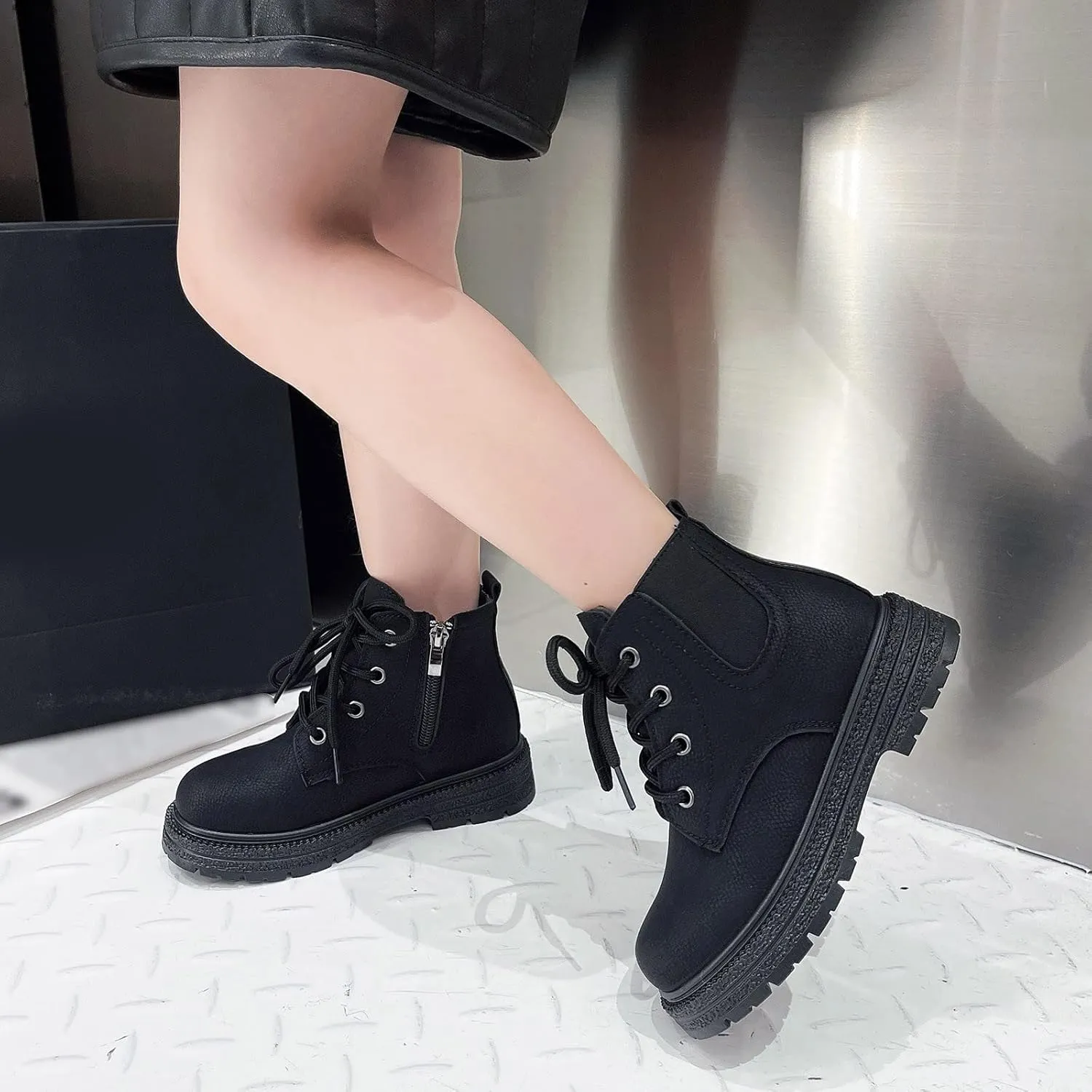 Fashionable Autumn Winter Girls' Boots Flat Bottom Non Slip Side Zipper Warm Comfortable Solid Color Little Girl