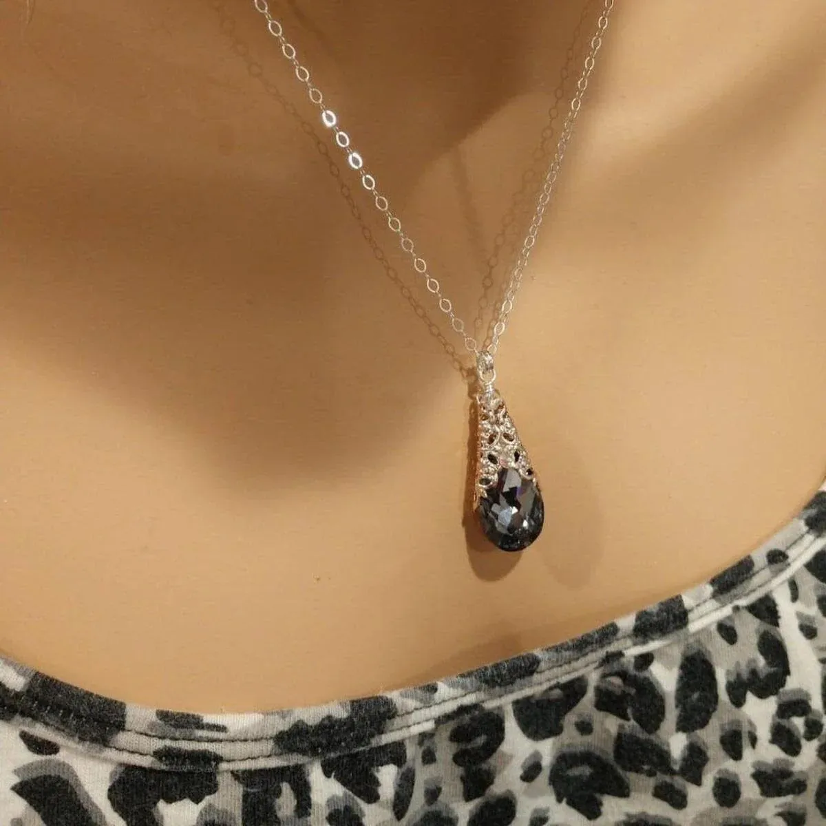 Filigree Wrap Crystal Black Diamond Pendant Necklace