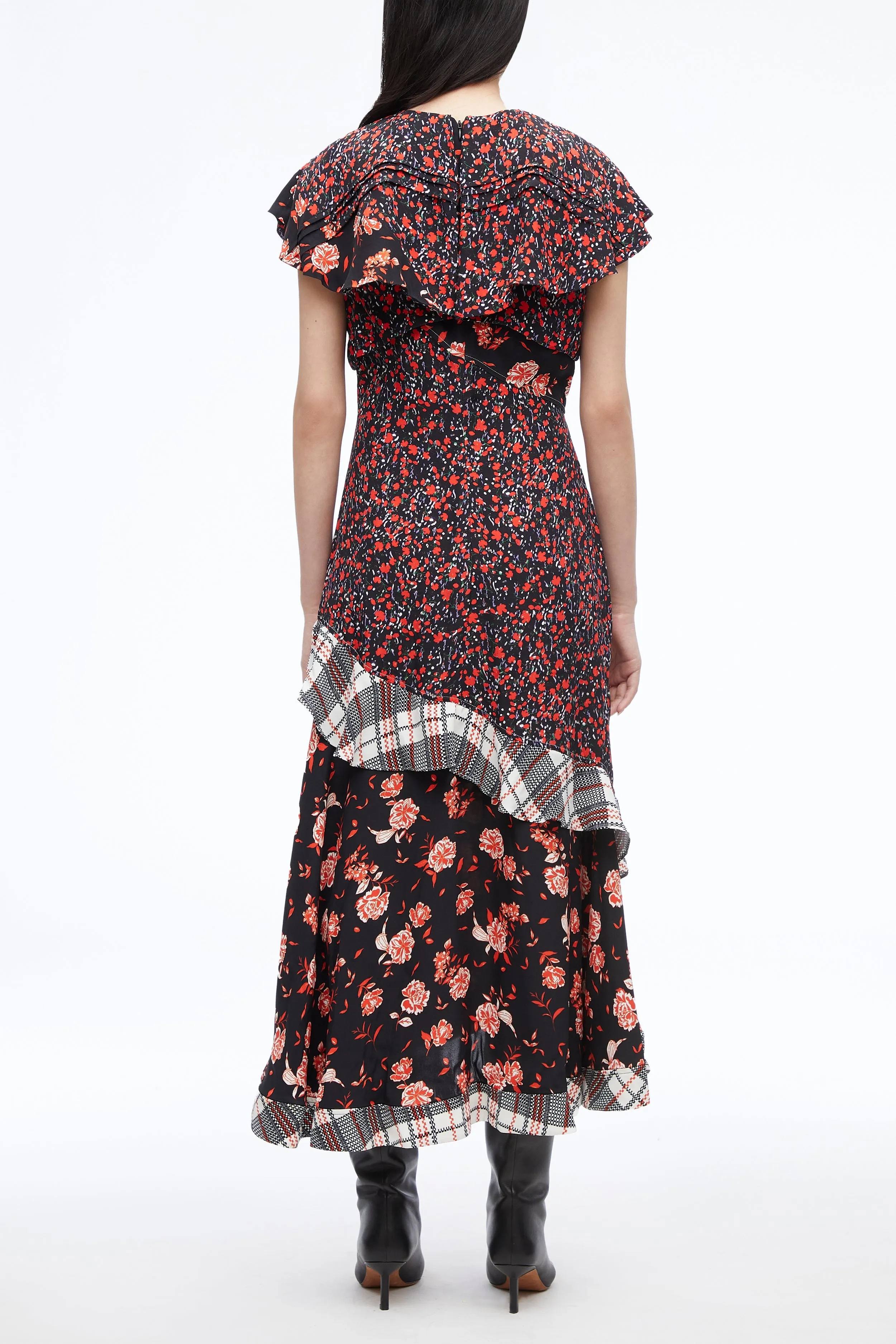 Floral Collage Ruffle Midi Dress
