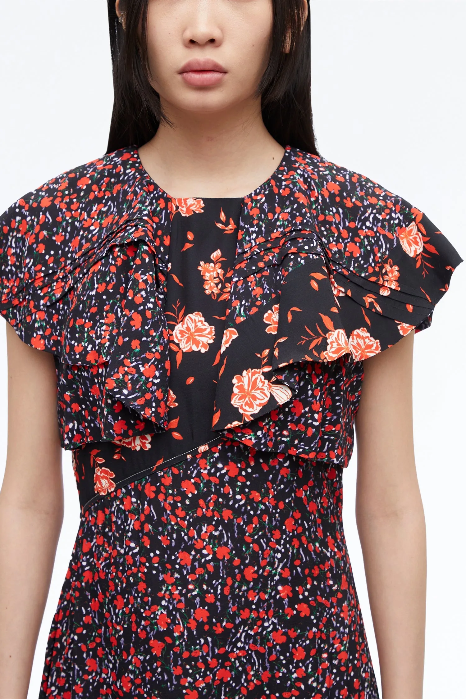 Floral Collage Ruffle Midi Dress