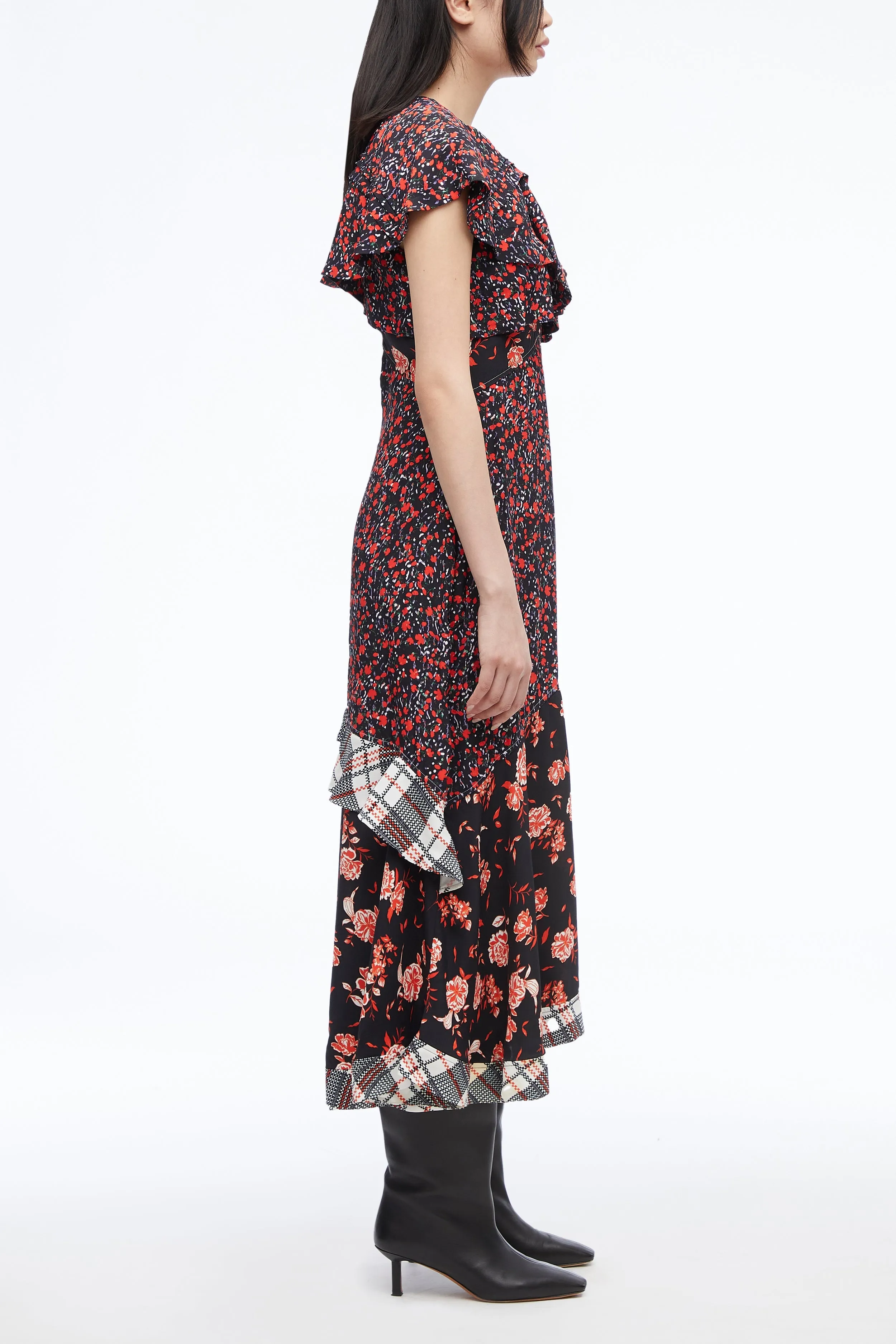 Floral Collage Ruffle Midi Dress
