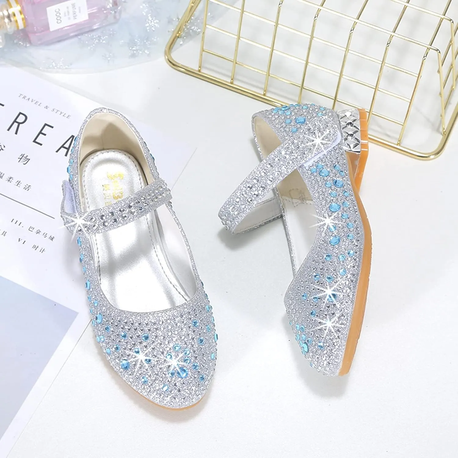 Girls Dress Shoes Wedding Party Flower Rhinestone Studded Princess Flats