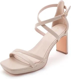 Greatonu Women's Heeled Sandals Open Toe Ankle Strap Strappy High Chunky Block Heel Pump Sandals Platform Heels Nude