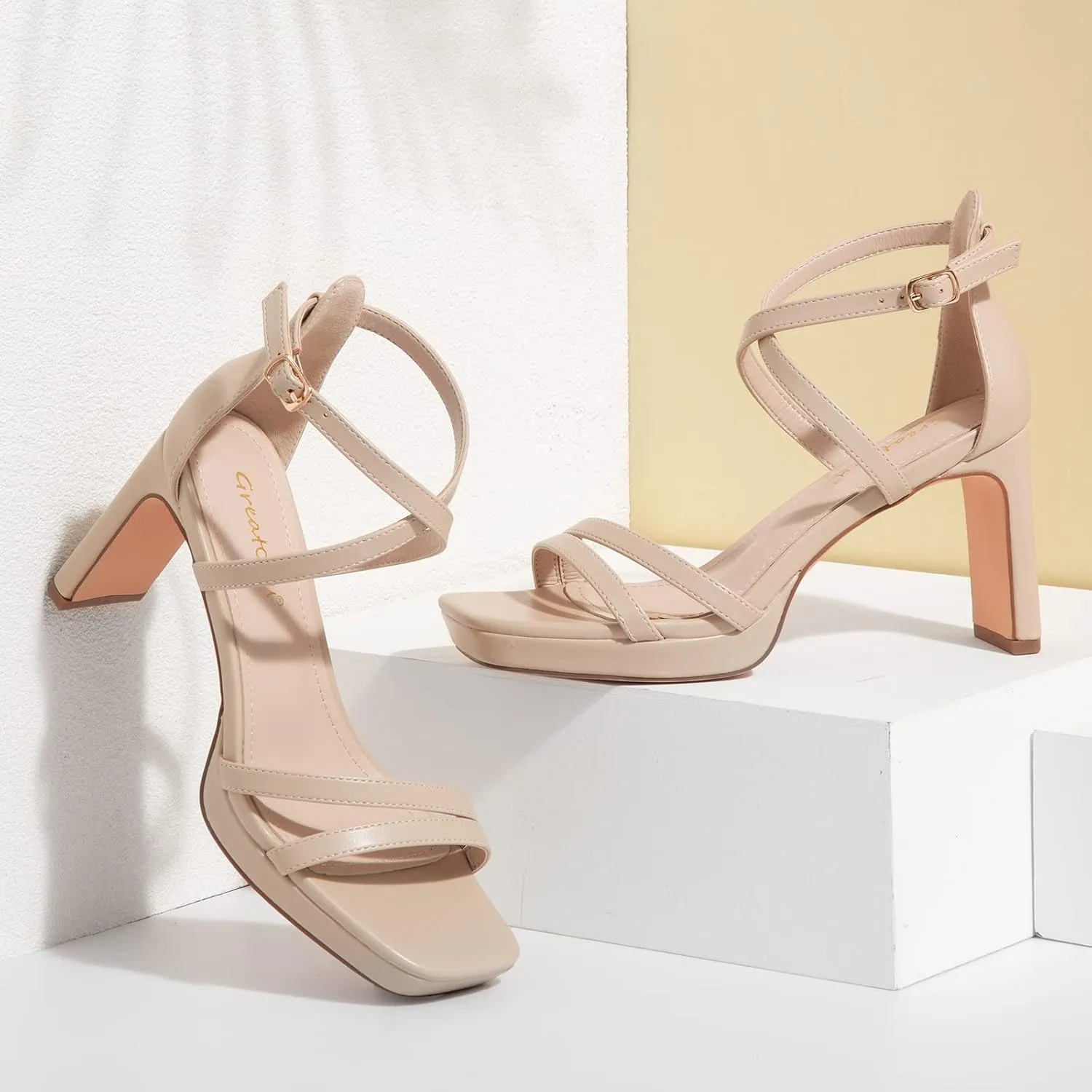 Greatonu Women's Heeled Sandals Open Toe Ankle Strap Strappy High Chunky Block Heel Pump Sandals Platform Heels Nude