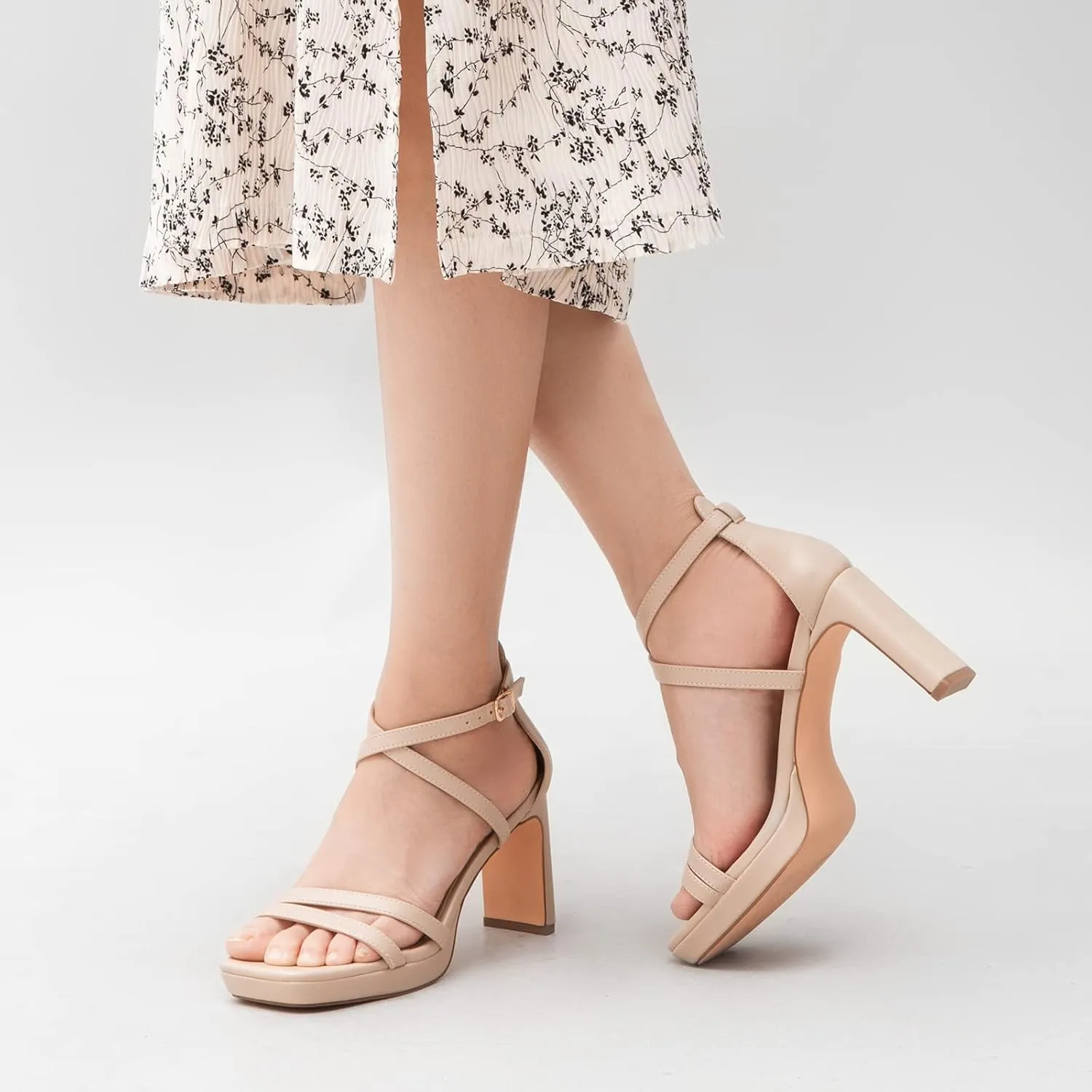 Greatonu Women's Heeled Sandals Open Toe Ankle Strap Strappy High Chunky Block Heel Pump Sandals Platform Heels Nude