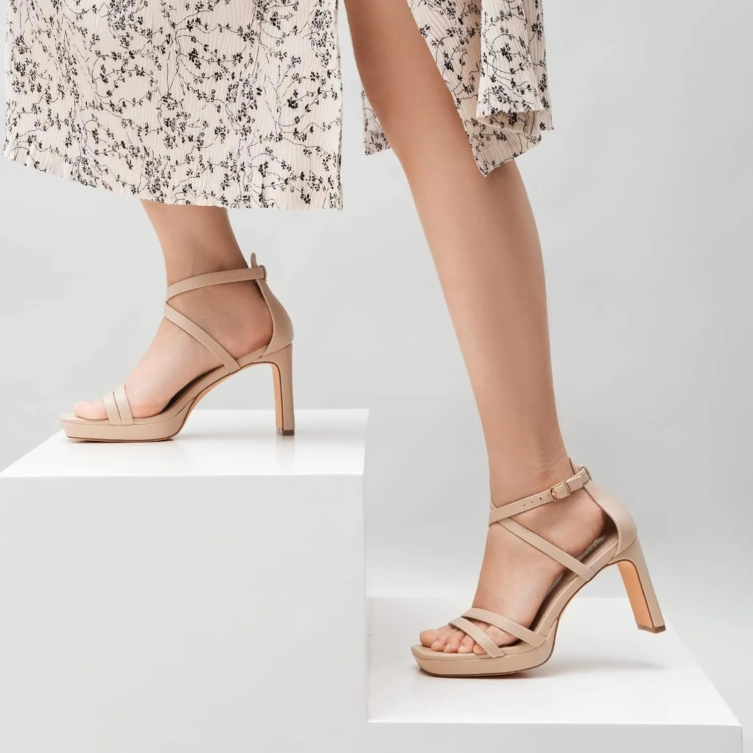 Greatonu Women's Heeled Sandals Open Toe Ankle Strap Strappy High Chunky Block Heel Pump Sandals Platform Heels Nude