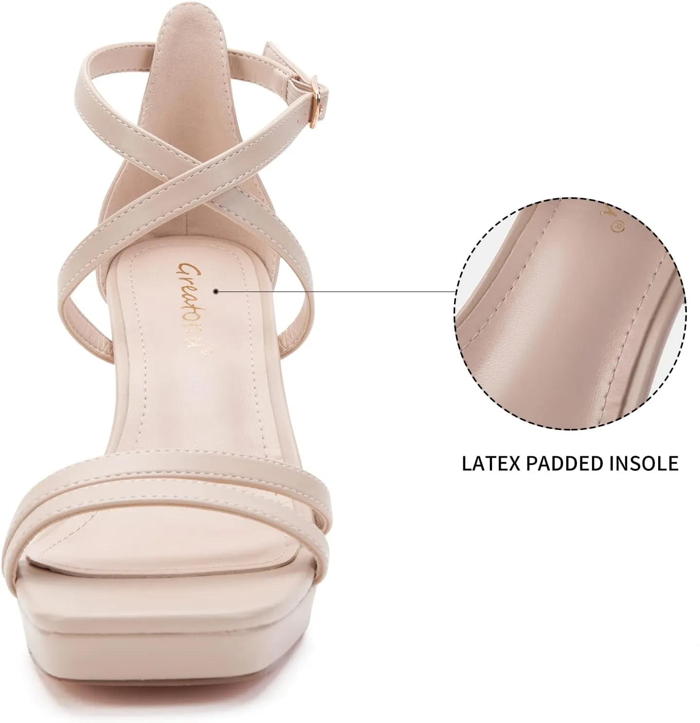 Greatonu Women's Heeled Sandals Open Toe Ankle Strap Strappy High Chunky Block Heel Pump Sandals Platform Heels Nude