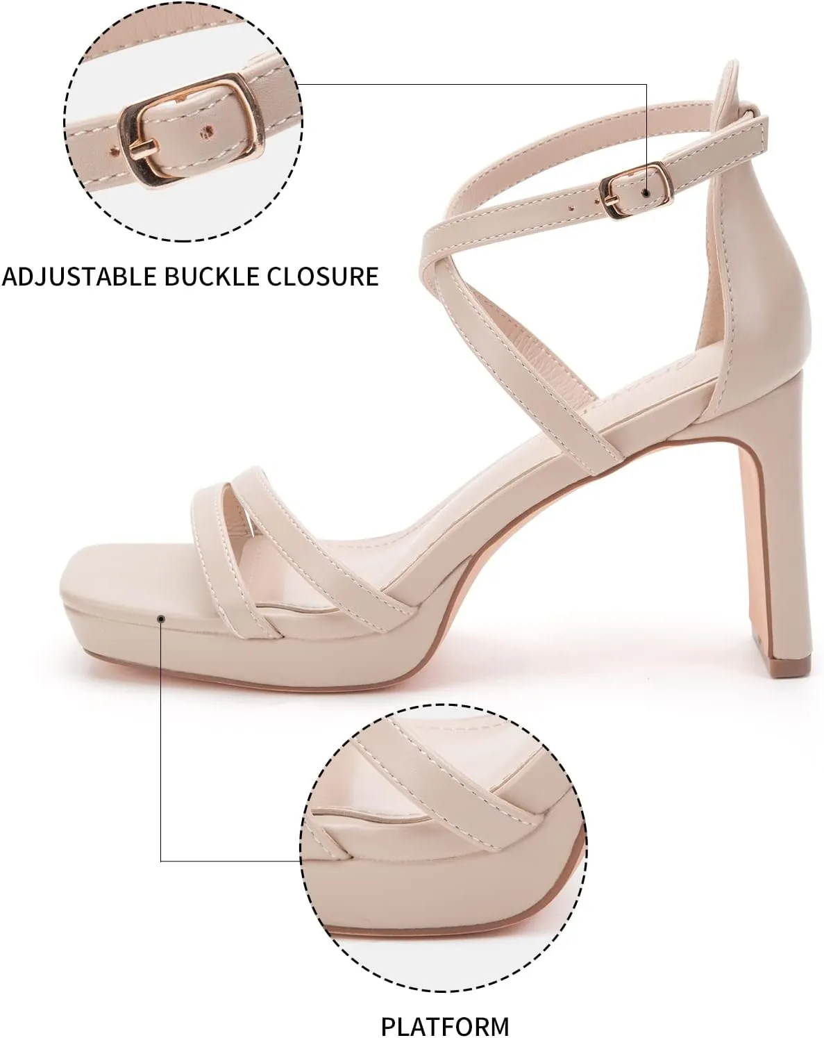 Greatonu Women's Heeled Sandals Open Toe Ankle Strap Strappy High Chunky Block Heel Pump Sandals Platform Heels Nude