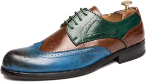 HuitJours Men Oxford Dress Shoes Multicolor Brogues Wing Tips Lace Up Patchwork Two Tone Color Matching Punched Round Toe