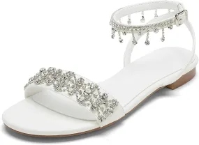 Hyinlays Women's Casual Dresssy Wedding Sandals for Bride Comfy Dress Summer Shoes Rhinestone Open Toe Flat Sandals for Summer Wedding